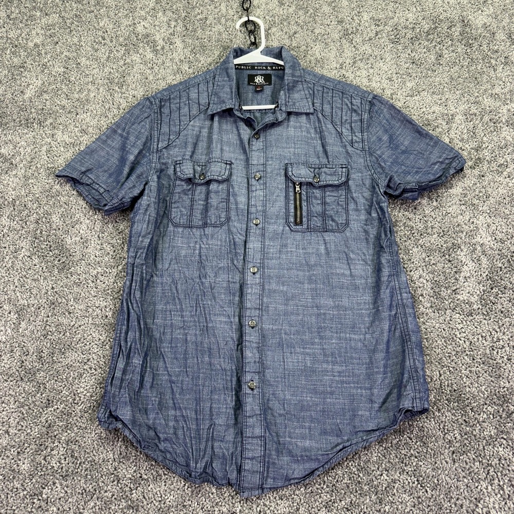 Rock & Republic Shirt Mens Medium Blue Chambray Short Sleeve Button Up Casual